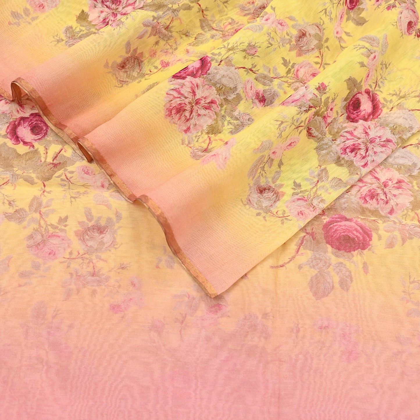 Indian Vintage Peach & yellow Dupatta Long Stole Hand Block Print Pure Chanderi Silk Scarves Veil Golden Zari