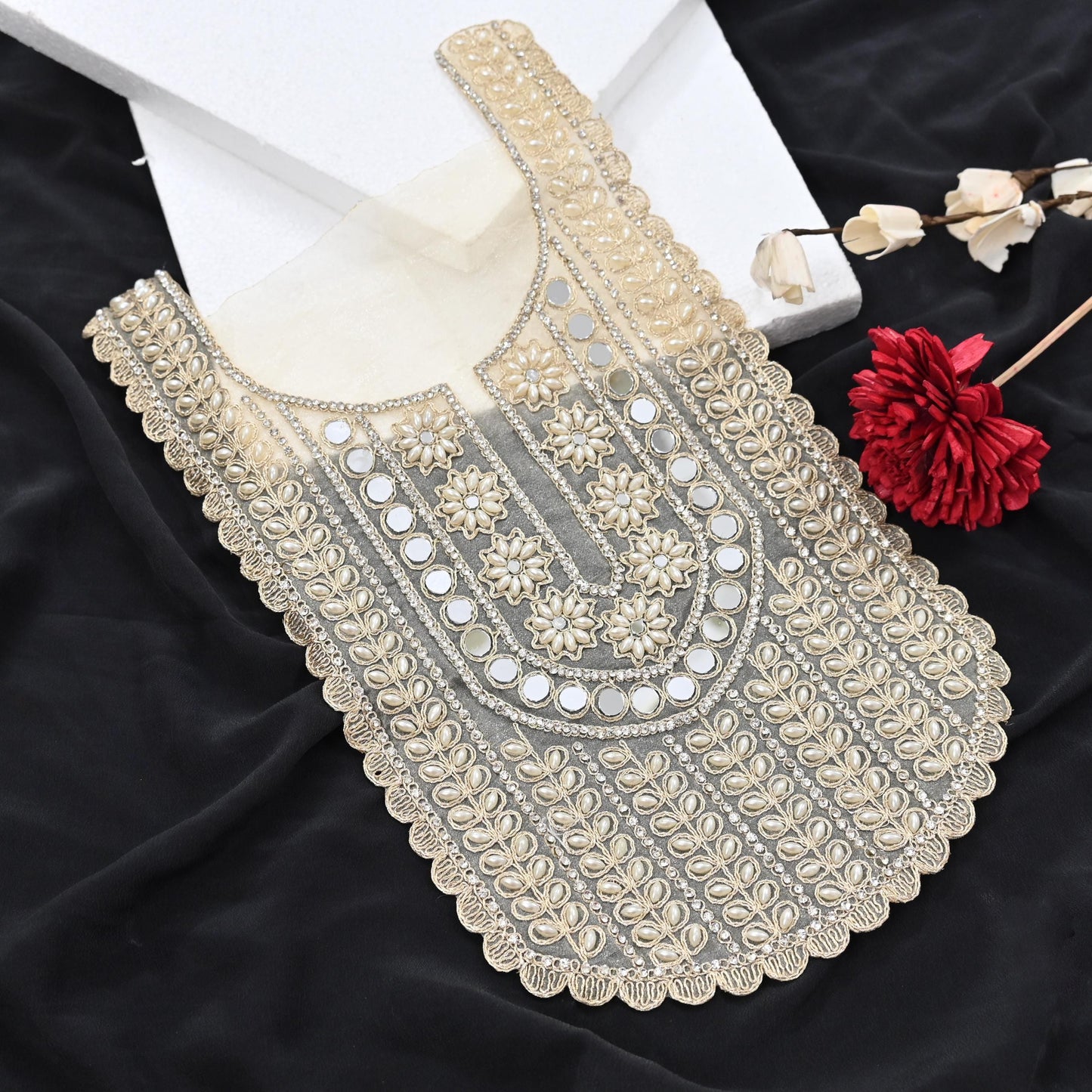 Indian Ivory Organza Hand Embroidered Antique Neck Patches Craft Journals Rare Paisley for designing Dress Making Crafting Dabka 15"X9"