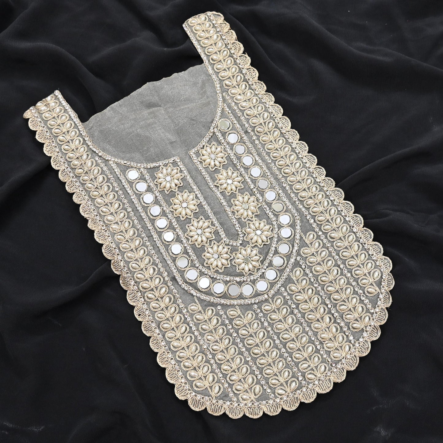 Indian Ivory Organza Hand Embroidered Antique Neck Patches Craft Journals Rare Paisley for designing Dress Making Crafting Dabka 15"X9"