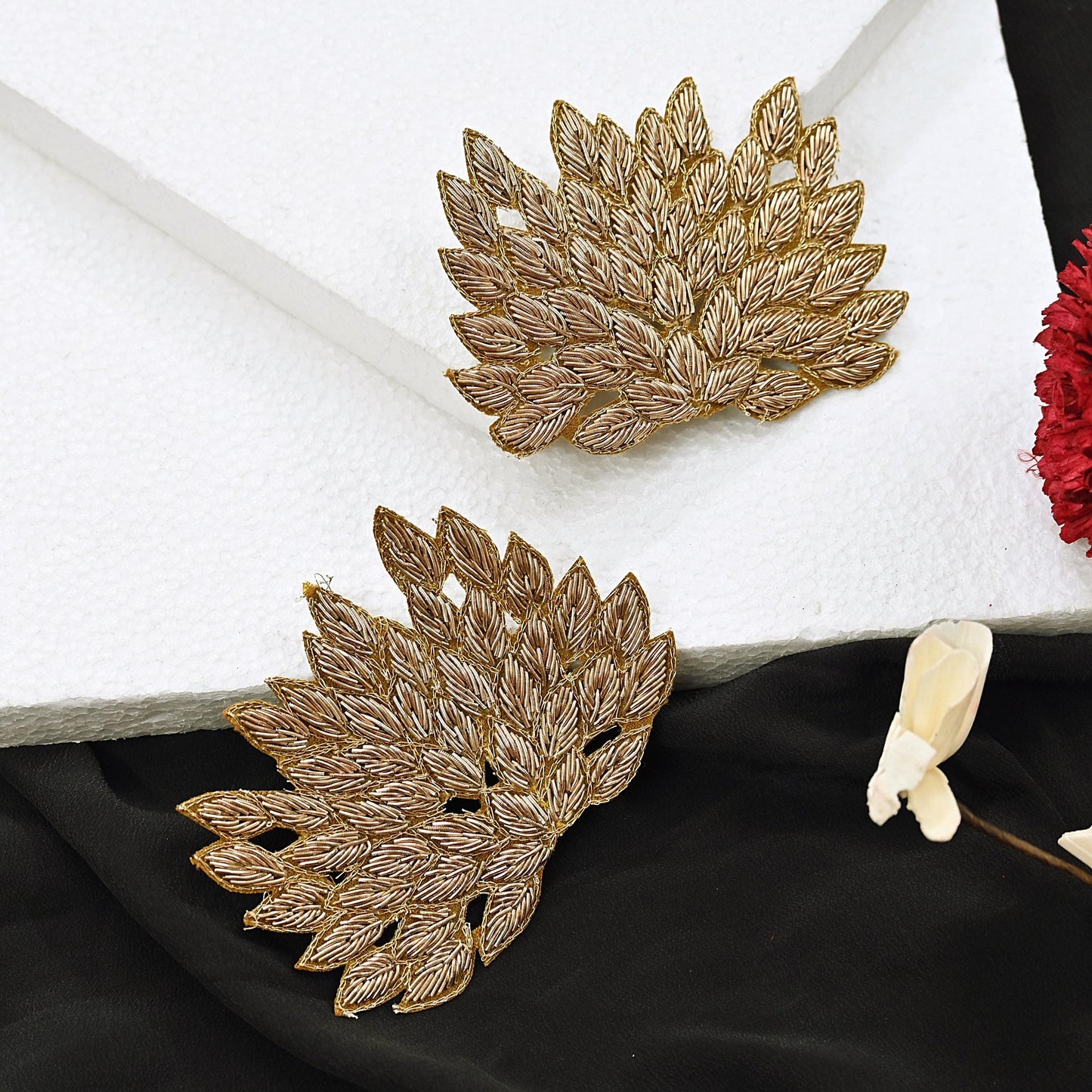 Indian Vintage Golden Appliques  Set of 2 | Hand-Embroidered Floral Patches with Zardozi,Dabka, Zari,for Craft, Journals