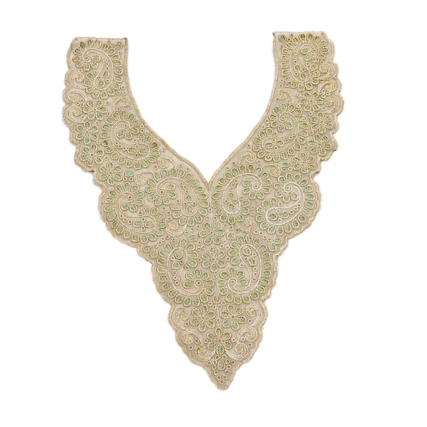 Indian Ivory Organza Hand Embroidered Antique Neck Patches Craft Journals Rare Paisley for designing Dress Making Crafting Dabka 16"X12"