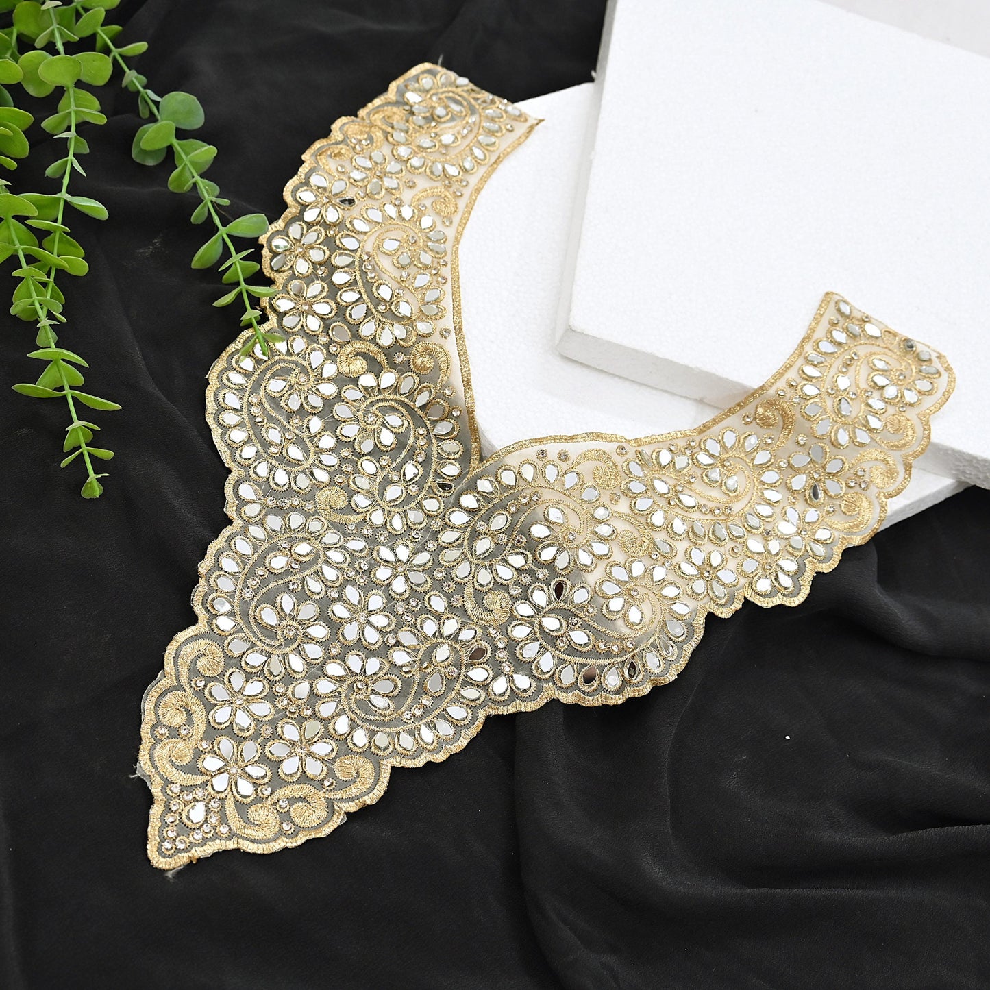 Indian Ivory Organza Hand Embroidered Antique Neck Patches Craft Journals Rare Paisley for designing Dress Making Crafting Dabka 16"X12"