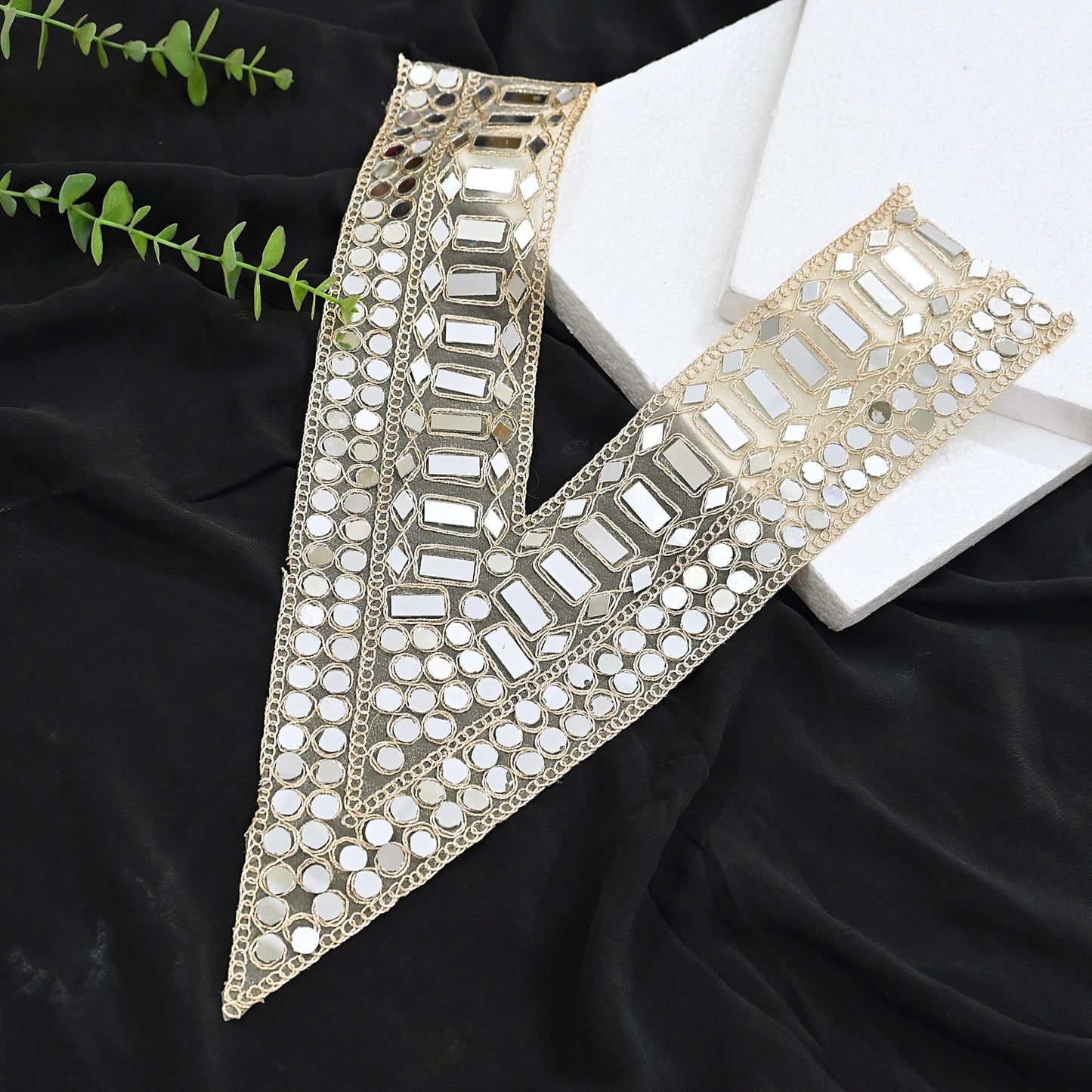 Indian Ivory Organza Hand Embroidered Antique Neck Patches Craft Journals Rare Paisley for designing Dress Making Crafting Dabka 17"X13.5"