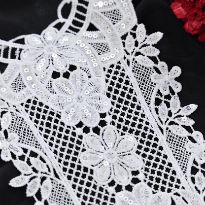 Indian White Cotton Embroidered Antique Neck Patches Craft Journals Rare Paisley for designing Dress Making Crafting Dabka 15.5"X10.5"