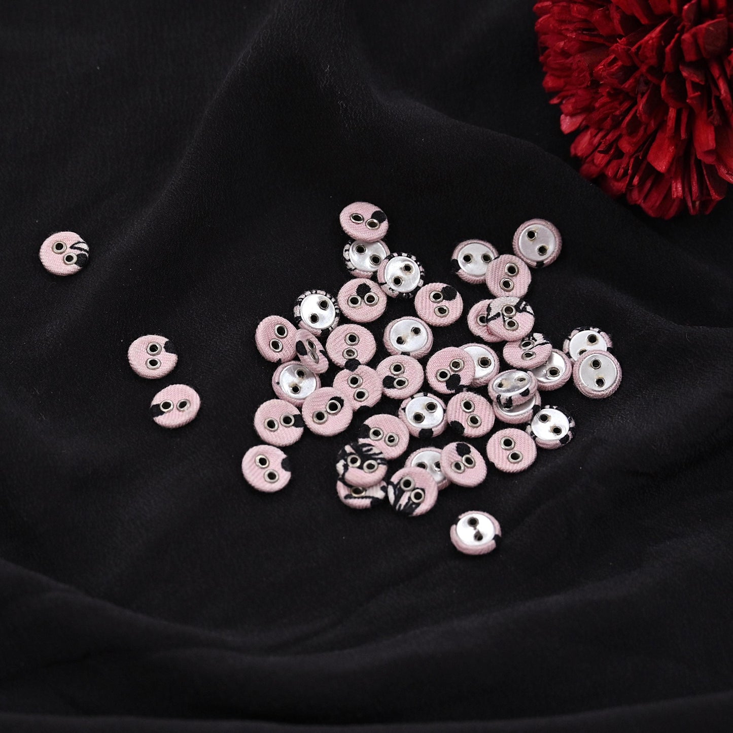 Indian Pink & Black Buttons Set of 24, 10mm Handcrafted Pink Fabric Buttons,for Shirts Jackets Sewing DIY Crafts