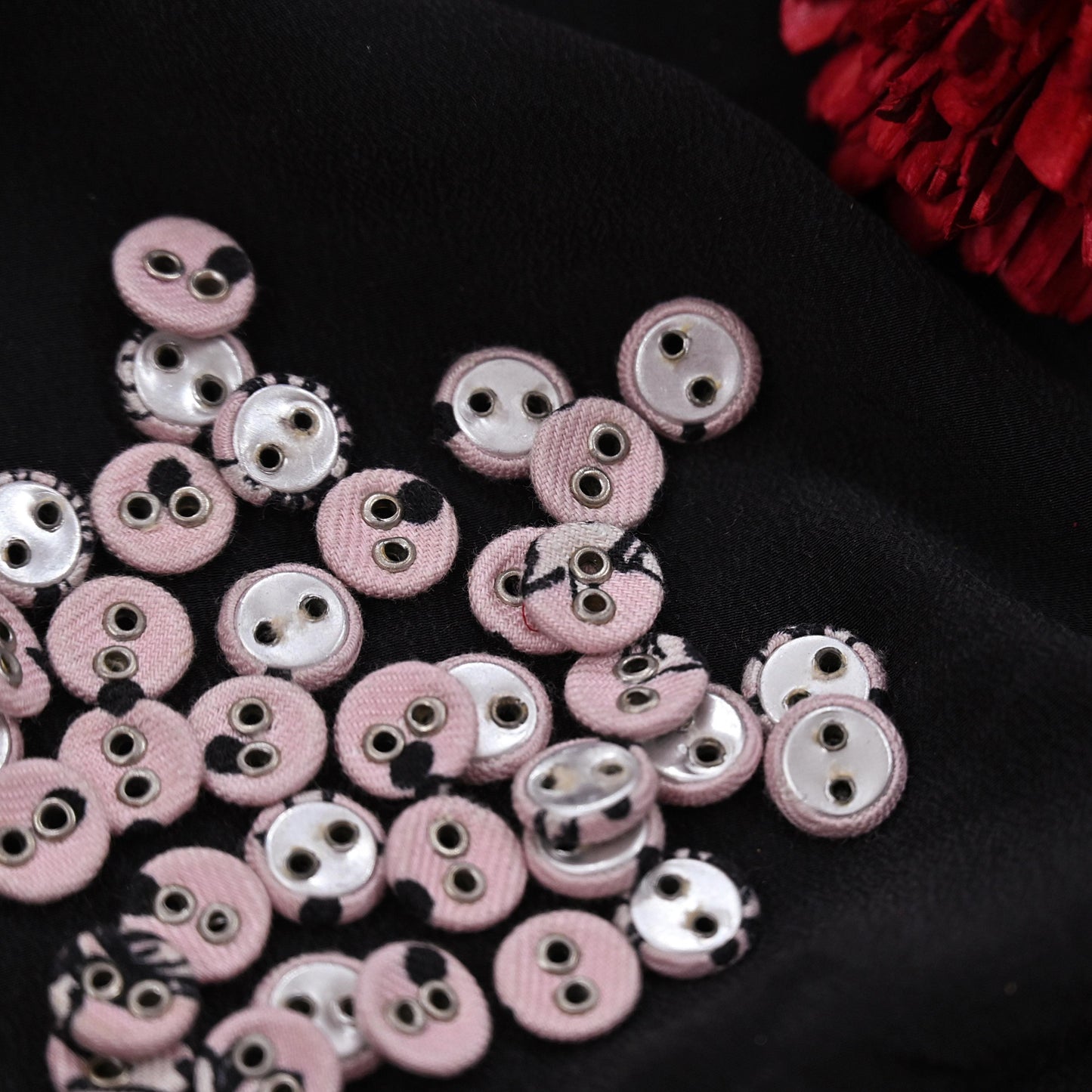 Indian Pink & Black Buttons Set of 24, 10mm Handcrafted Pink Fabric Buttons,for Shirts Jackets Sewing DIY Crafts