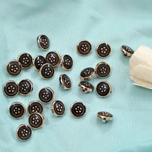 Indian Black & Golden Buttons Set of 24, 10mm Small Single Hole Buttons, Metal Shank Buttons for Shirts Jackets Sewing DIY Crafts