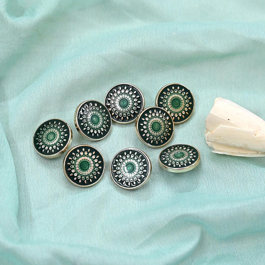 Indian Gold & Green Shank Buttons Set of 8, 17mm Decorative Buttons, Vintage Style Shirt Jacket Buttons, Sewing Craft Supplies