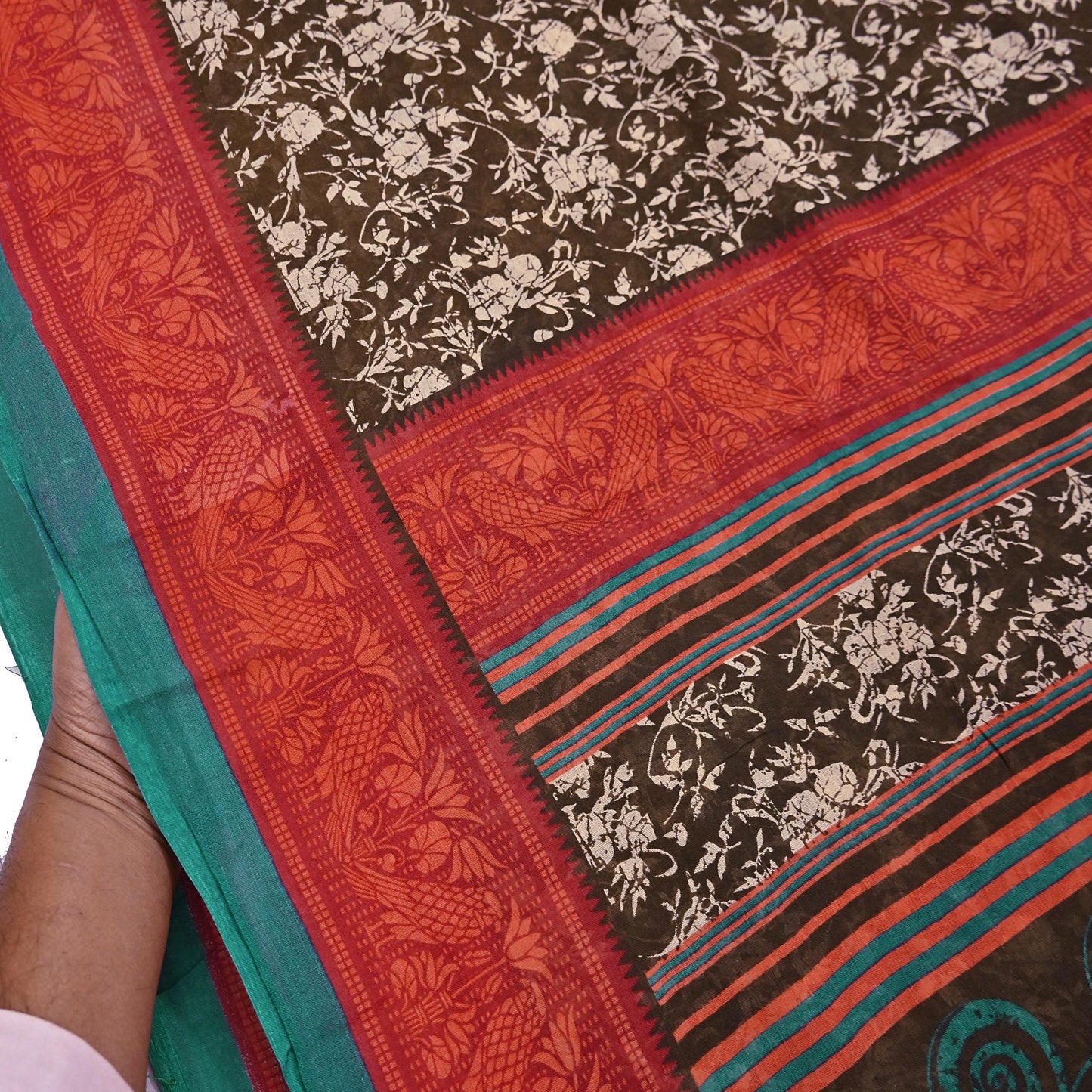 Indian Vintage Sari Brown & Ivory Printed 100% Pure Cotton Saree Craft Fabric 5Yd Soft Sewing Sarong Wrap Boho Dress Making Quilting