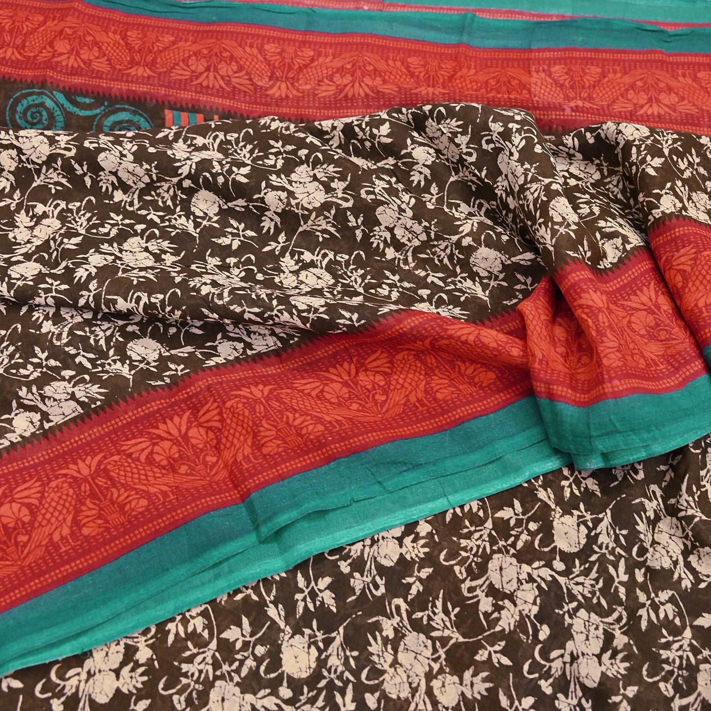 Indian Vintage Sari Brown & Ivory Printed 100% Pure Cotton Saree Craft Fabric 5Yd Soft Sewing Sarong Wrap Boho Dress Making Quilting
