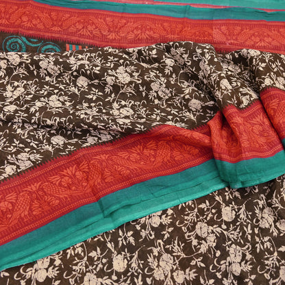 Indian Vintage Sari Brown & Ivory Printed 100% Pure Cotton Saree Craft Fabric 5Yd Soft Sewing Sarong Wrap Boho Dress Making Quilting