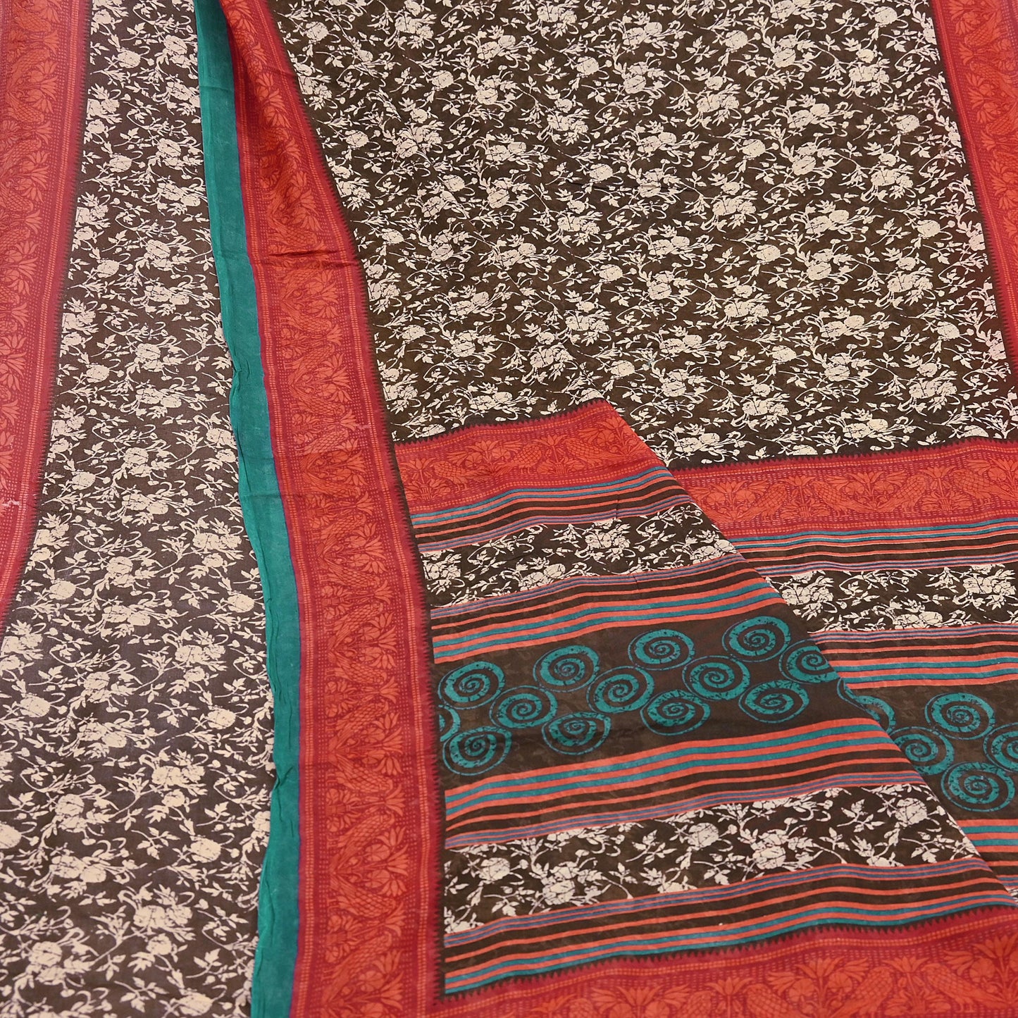 Indian Vintage Sari Brown & Ivory Printed 100% Pure Cotton Saree Craft Fabric 5Yd Soft Sewing Sarong Wrap Boho Dress Making Quilting