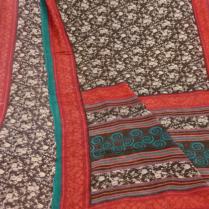 Indian Vintage Sari Brown & Ivory Printed 100% Pure Cotton Saree Craft Fabric 5Yd Soft Sewing Sarong Wrap Boho Dress Making Quilting