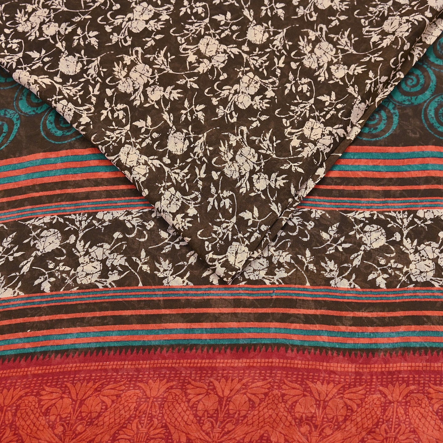 Indian Vintage Sari Brown & Ivory Printed 100% Pure Cotton Saree Craft Fabric 5Yd Soft Sewing Sarong Wrap Boho Dress Making Quilting