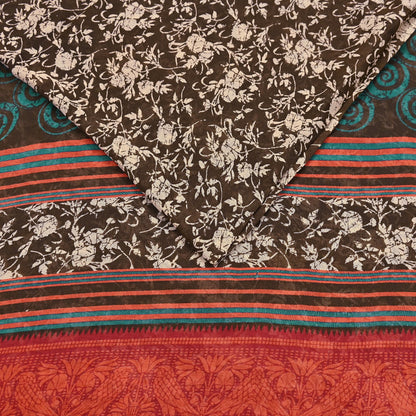 Indian Vintage Sari Brown & Ivory Printed 100% Pure Cotton Saree Craft Fabric 5Yd Soft Sewing Sarong Wrap Boho Dress Making Quilting