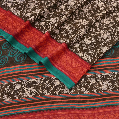 Indian Vintage Sari Brown & Ivory Printed 100% Pure Cotton Saree Craft Fabric 5Yd Soft Sewing Sarong Wrap Boho Dress Making Quilting