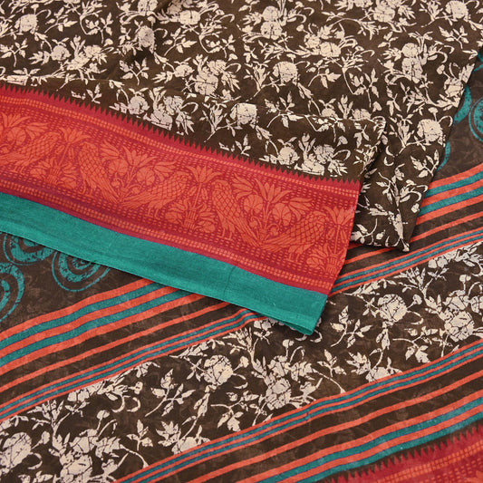 Indian Vintage Sari Brown & Ivory Printed 100% Pure Cotton Saree Craft Fabric 5Yd Soft Sewing Sarong Wrap Boho Dress Making Quilting