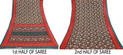 Indian Vintage Sari Brown & Ivory Printed 100% Pure Cotton Saree Craft Fabric 5Yd Soft Sewing Sarong Wrap Boho Dress Making Quilting
