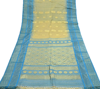 Indian Vintage Sari Beige & Blue 100% Pure Silk Hand Woven Sarees Craft Fabric 5Yd Ethnic Sewing Dress making Crafting Quilting Upcycle