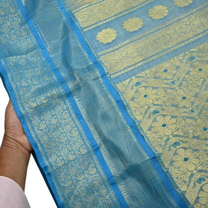 Indian Vintage Sari Beige & Blue 100% Pure Silk Hand Woven Sarees Craft Fabric 5Yd Ethnic Sewing Dress making Crafting Quilting Upcycle