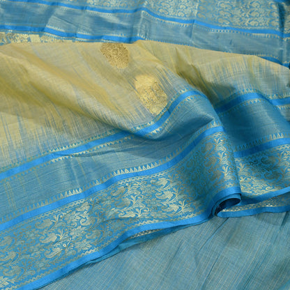 Indian Vintage Sari Beige & Blue 100% Pure Silk Hand Woven Sarees Craft Fabric 5Yd Ethnic Sewing Dress making Crafting Quilting Upcycle