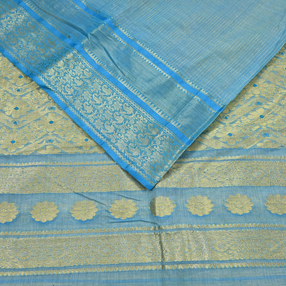 Indian Vintage Sari Beige & Blue 100% Pure Silk Hand Woven Sarees Craft Fabric 5Yd Ethnic Sewing Dress making Crafting Quilting Upcycle