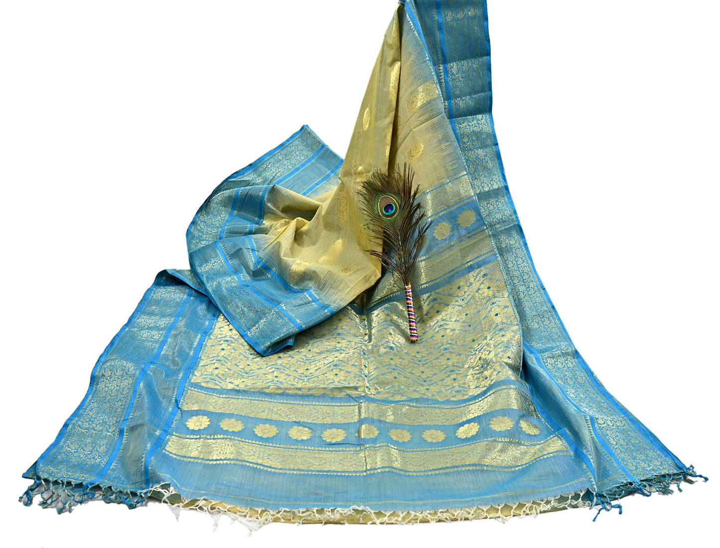 Indian Vintage Sari Beige & Blue 100% Pure Silk Hand Woven Sarees Craft Fabric 5Yd Ethnic Sewing Dress making Crafting Quilting Upcycle