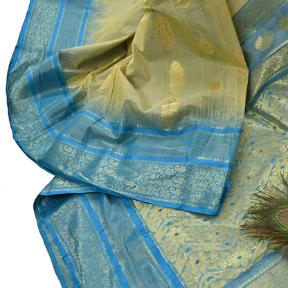 Indian Vintage Sari Beige & Blue 100% Pure Silk Hand Woven Sarees Craft Fabric 5Yd Ethnic Sewing Dress making Crafting Quilting Upcycle
