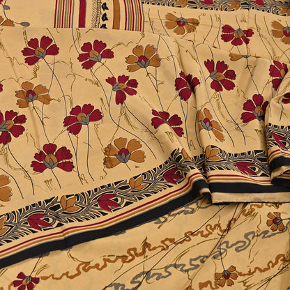 Indian Vintage Sari Beige Pure Crepe Silk Block Printed Sarees 5yd Sewing Soft Craft Fabric Wrap Dress making Crafting Quilting