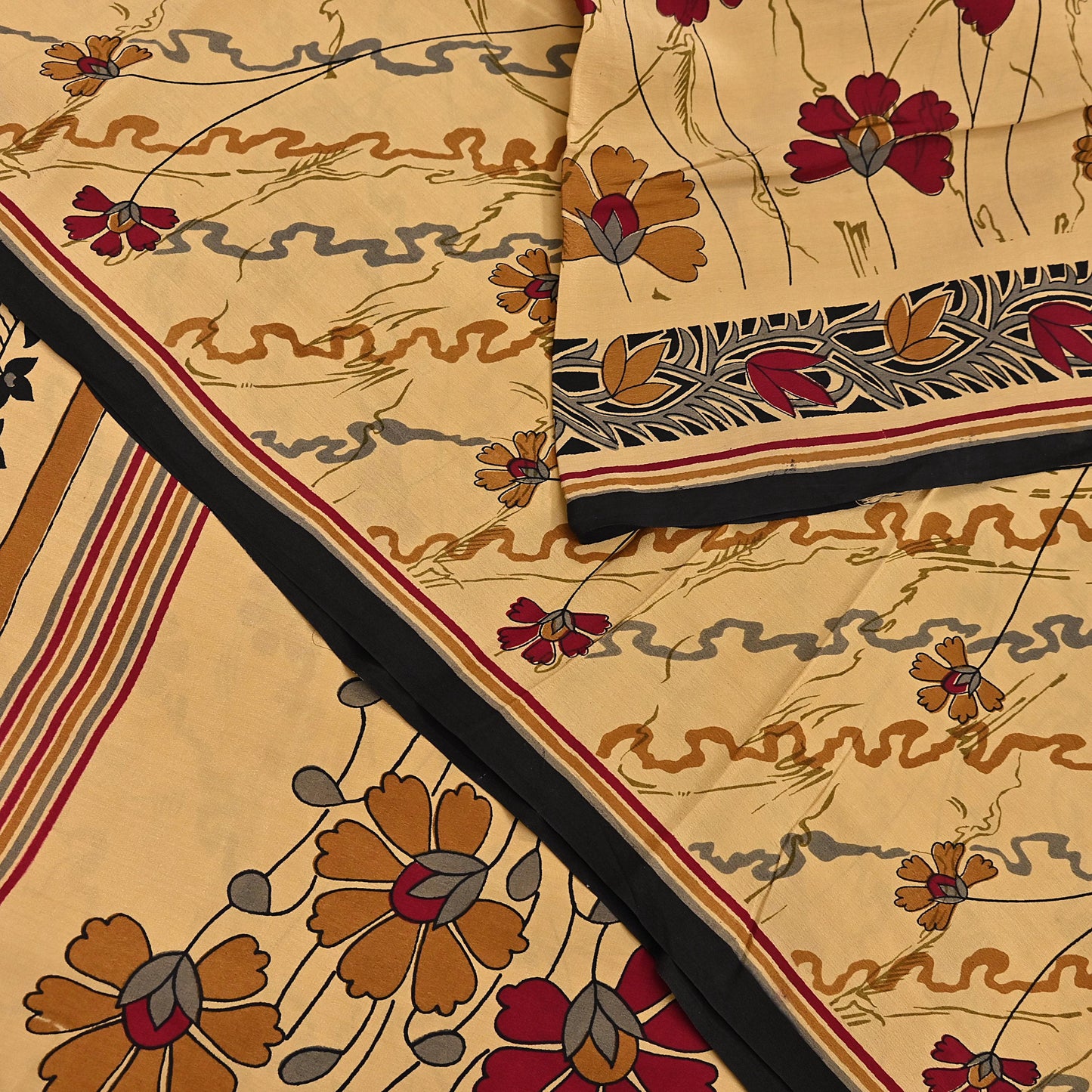 Indian Vintage Sari Beige Pure Crepe Silk Block Printed Sarees 5yd Sewing Soft Craft Fabric Wrap Dress making Crafting Quilting