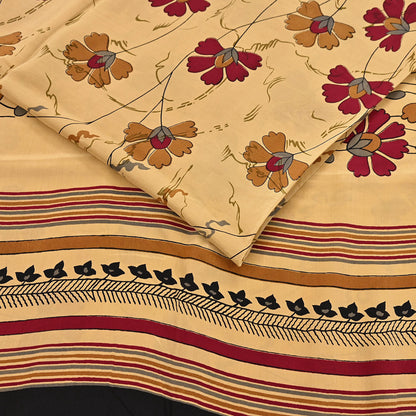 Indian Vintage Sari Beige Pure Crepe Silk Block Printed Sarees 5yd Sewing Soft Craft Fabric Wrap Dress making Crafting Quilting