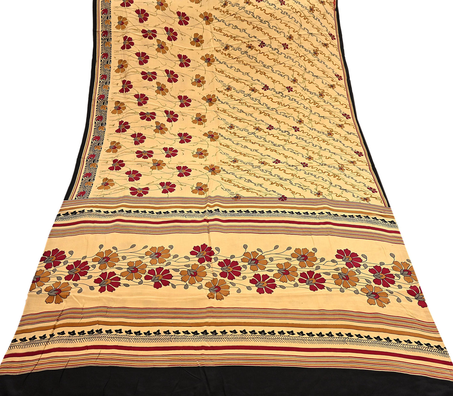 Indian Vintage Sari Beige Pure Crepe Silk Block Printed Sarees 5yd Sewing Soft Craft Fabric Wrap Dress making Crafting Quilting