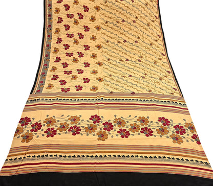 Indian Vintage Sari Beige Pure Crepe Silk Block Printed Sarees 5yd Sewing Soft Craft Fabric Wrap Dress making Crafting Quilting