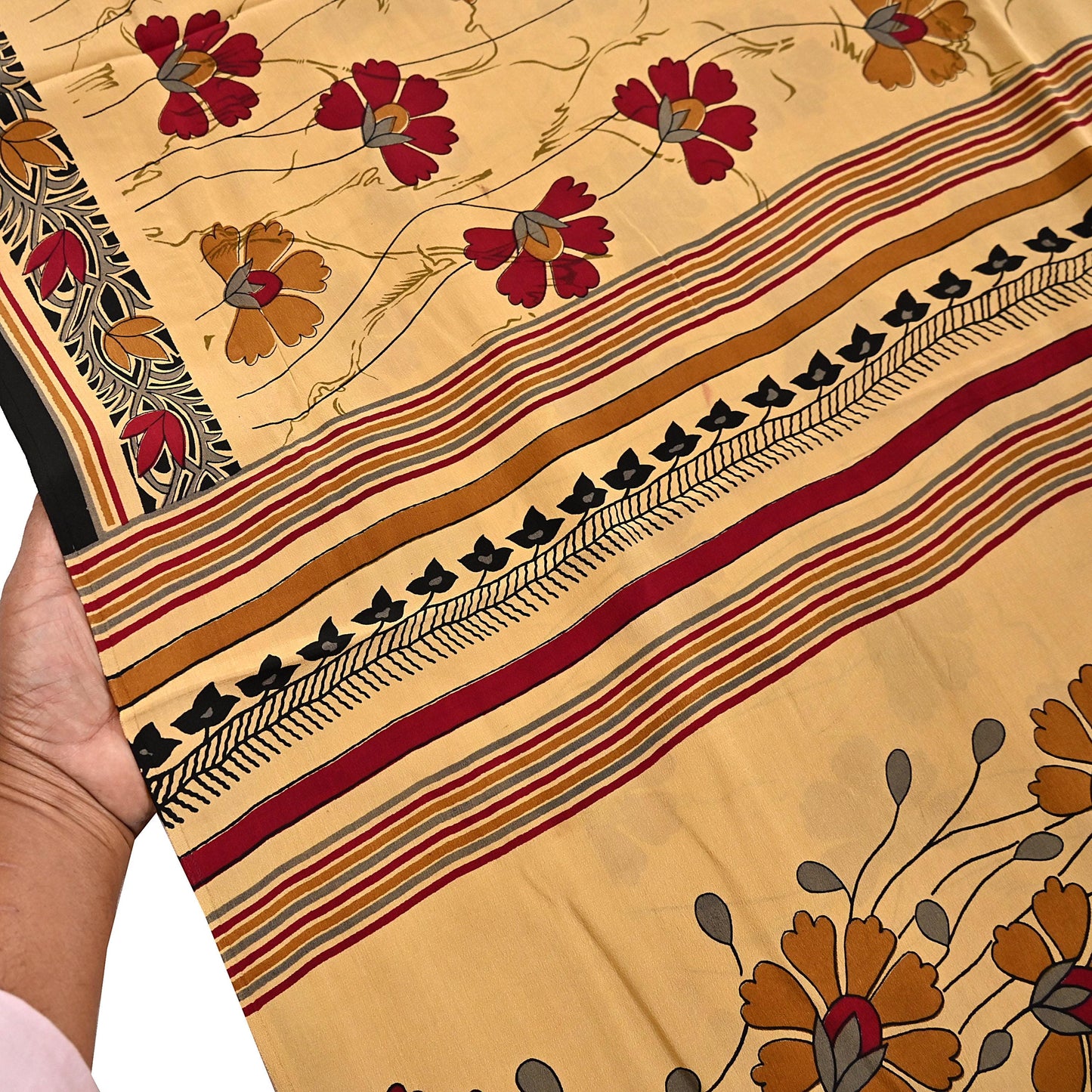 Indian Vintage Sari Beige Pure Crepe Silk Block Printed Sarees 5yd Sewing Soft Craft Fabric Wrap Dress making Crafting Quilting
