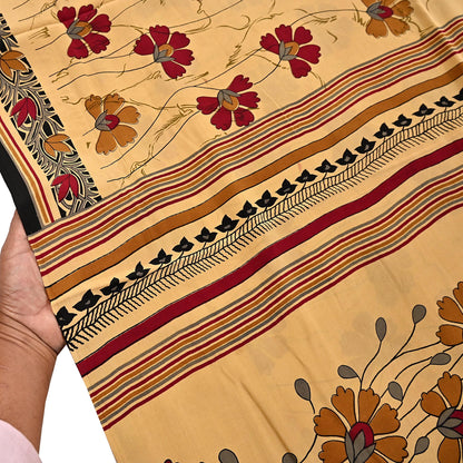 Indian Vintage Sari Beige Pure Crepe Silk Block Printed Sarees 5yd Sewing Soft Craft Fabric Wrap Dress making Crafting Quilting
