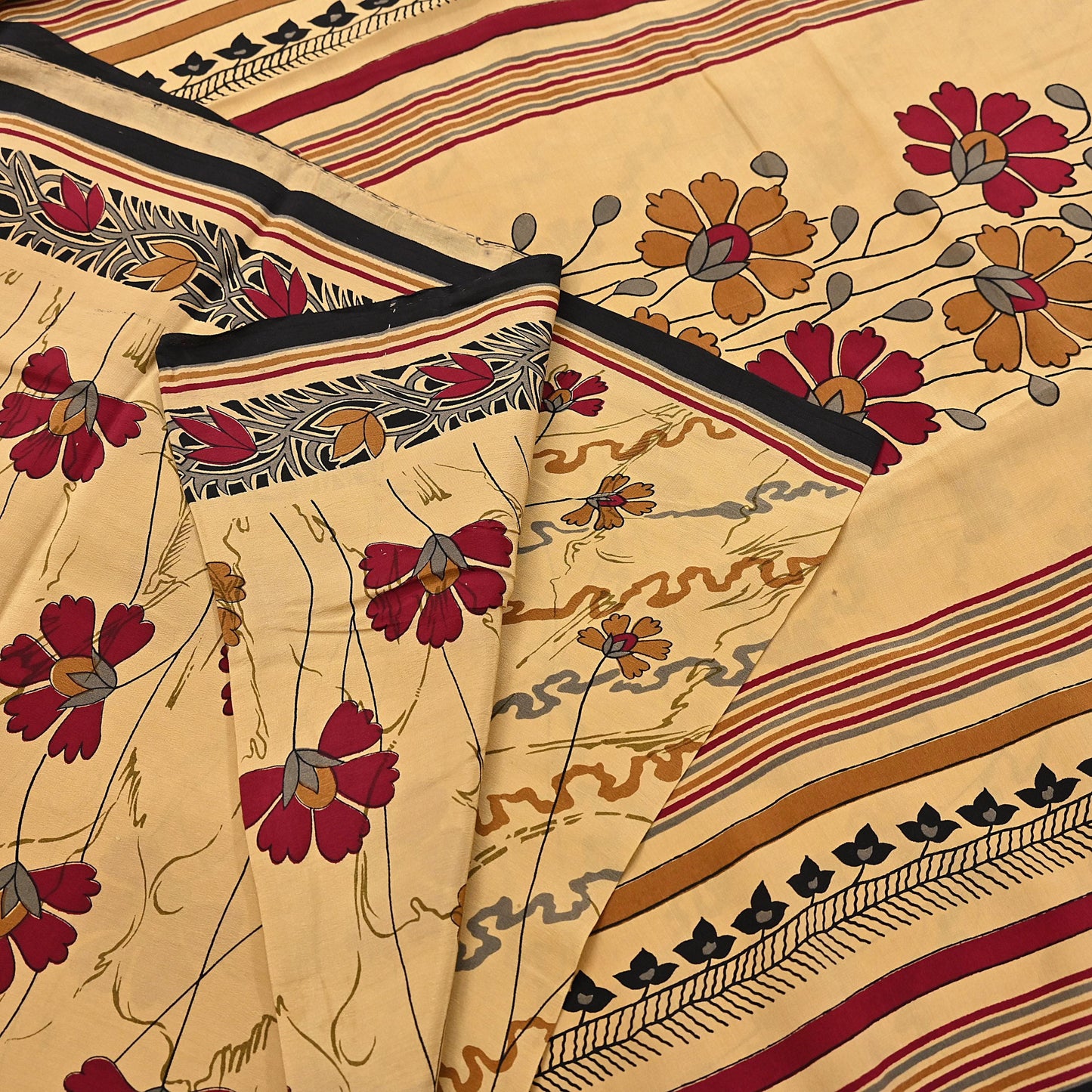 Indian Vintage Sari Beige Pure Crepe Silk Block Printed Sarees 5yd Sewing Soft Craft Fabric Wrap Dress making Crafting Quilting