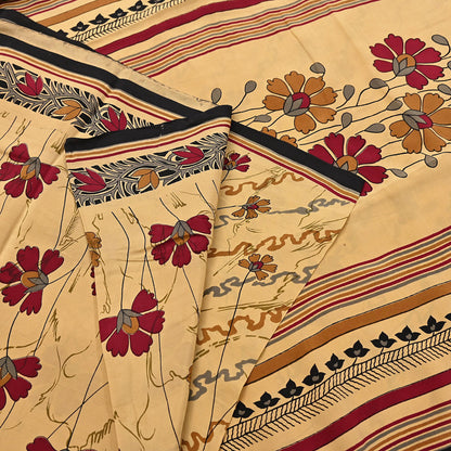 Indian Vintage Sari Beige Pure Crepe Silk Block Printed Sarees 5yd Sewing Soft Craft Fabric Wrap Dress making Crafting Quilting