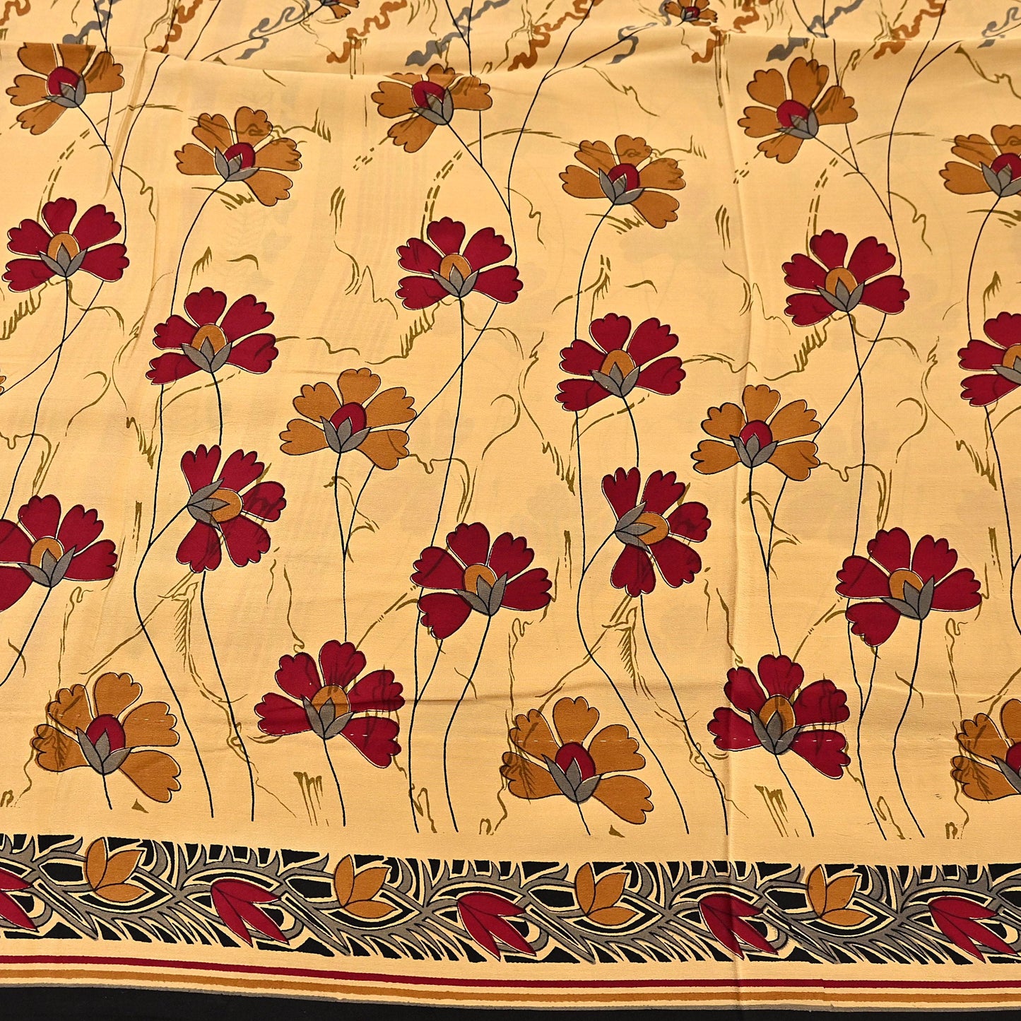 Indian Vintage Sari Beige Pure Crepe Silk Block Printed Sarees 5yd Sewing Soft Craft Fabric Wrap Dress making Crafting Quilting