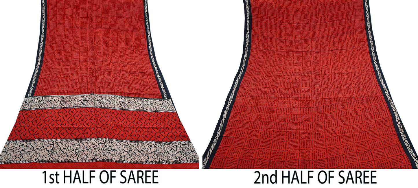 Indian Vintage Sari Red Pure Crepe Silk Printed Sarees 5yd Sewing Floral Soft Craft Fabric Wrap Dress making Crafting Quilting