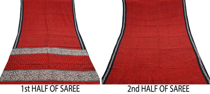Indian Vintage Sari Red Pure Crepe Silk Printed Sarees 5yd Sewing Floral Soft Craft Fabric Wrap Dress making Crafting Quilting