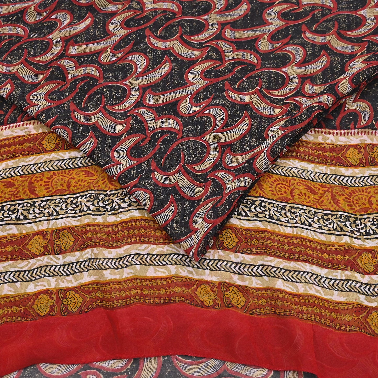 Indian Vintage Sari Black 100% Pure Georgette Silk Hand Printed Sarees Sewing 5yd Craft Fabric Soft Dress Designing for Crafting