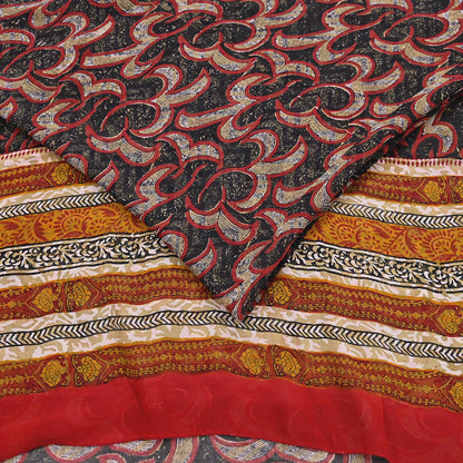Indian Vintage Sari Black 100% Pure Georgette Silk Hand Printed Sarees Sewing 5yd Craft Fabric Soft Dress Designing for Crafting