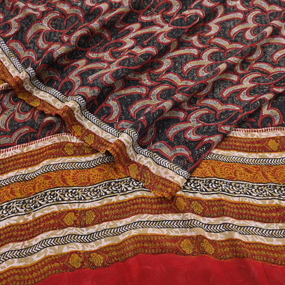 Indian Vintage Sari Black 100% Pure Georgette Silk Hand Printed Sarees Sewing 5yd Craft Fabric Soft Dress Designing for Crafting