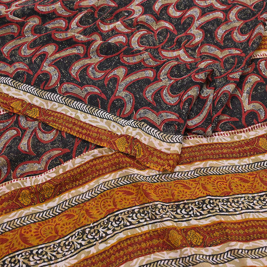 Indian Vintage Sari Black 100% Pure Georgette Silk Hand Printed Sarees Sewing 5yd Craft Fabric Soft Dress Designing for Crafting