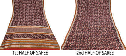 Indian Vintage Sari Black 100% Pure Georgette Silk Hand Printed Sarees Sewing 5yd Craft Fabric Soft Dress Designing for Crafting