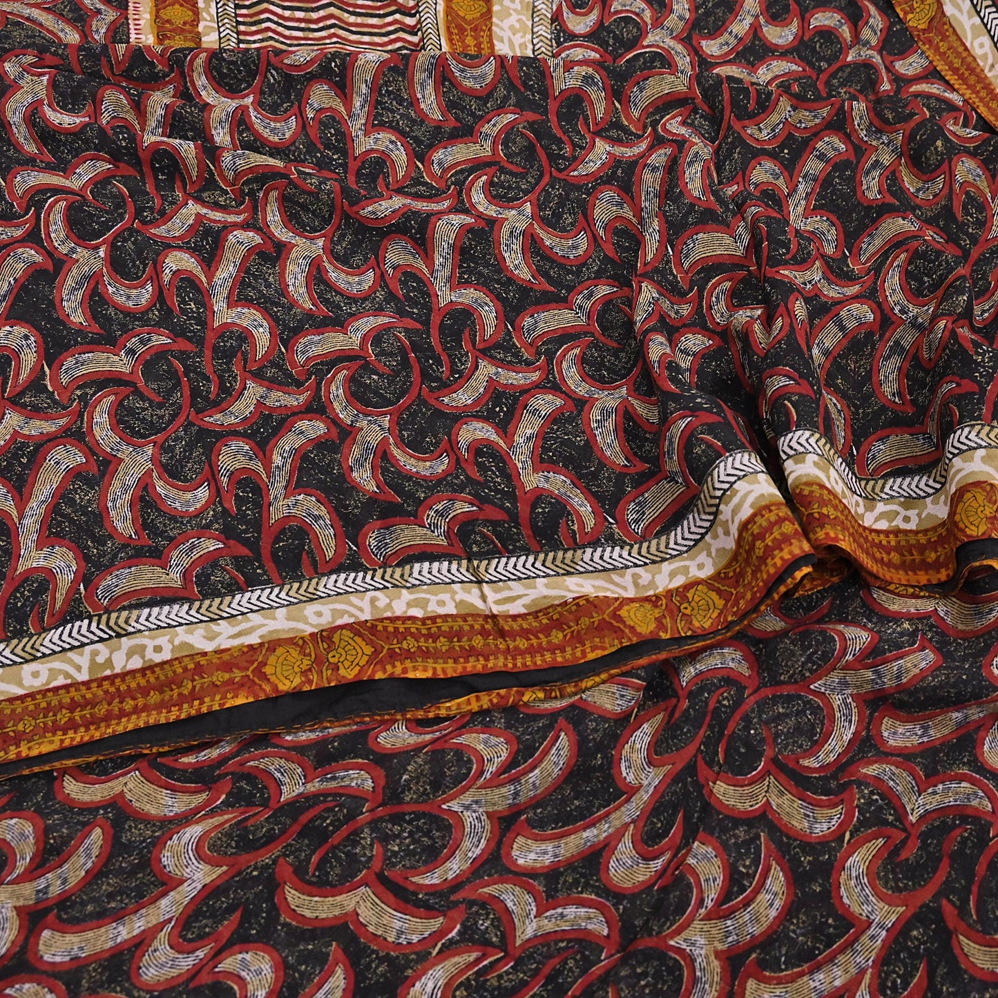 Indian Vintage Sari Black 100% Pure Georgette Silk Hand Printed Sarees Sewing 5yd Craft Fabric Soft Dress Designing for Crafting