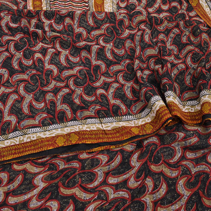 Indian Vintage Sari Black 100% Pure Georgette Silk Hand Printed Sarees Sewing 5yd Craft Fabric Soft Dress Designing for Crafting