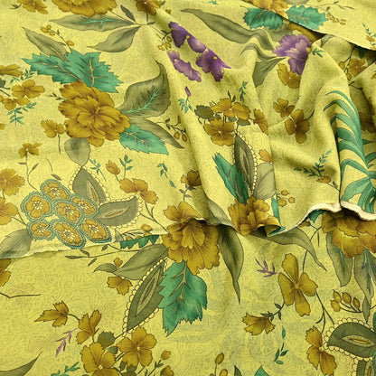 Indian Vintage Sari Green 100% Pure Georgette Silk Hand Printed Sarees Sewing 6yd Craft Fabric Soft Dress Designing for Crafting