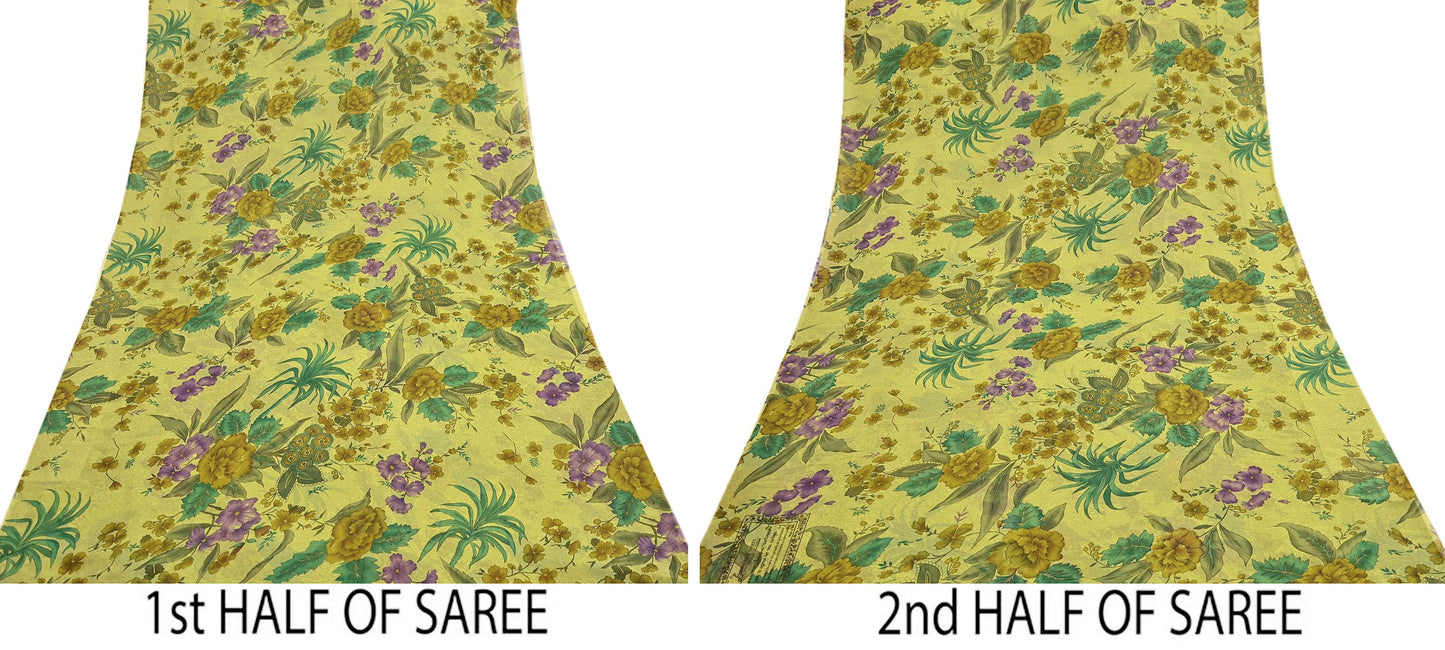 Indian Vintage Sari Green 100% Pure Georgette Silk Hand Printed Sarees Sewing 6yd Craft Fabric Soft Dress Designing for Crafting