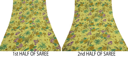 Indian Vintage Sari Green 100% Pure Georgette Silk Hand Printed Sarees Sewing 6yd Craft Fabric Soft Dress Designing for Crafting